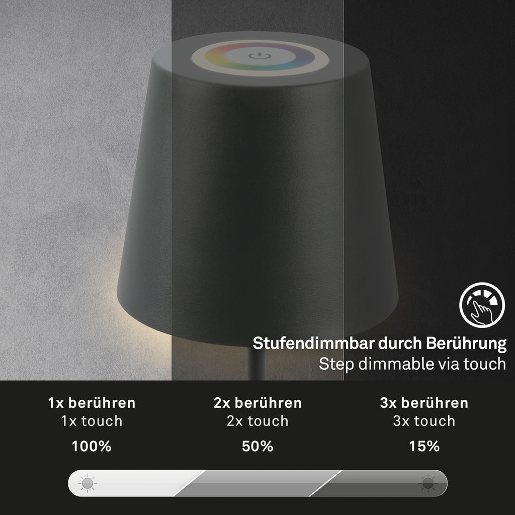 LED bordlampe oppladbar dimbar antrasitt RGBW IP44 - Briloner USB-ladekabel
