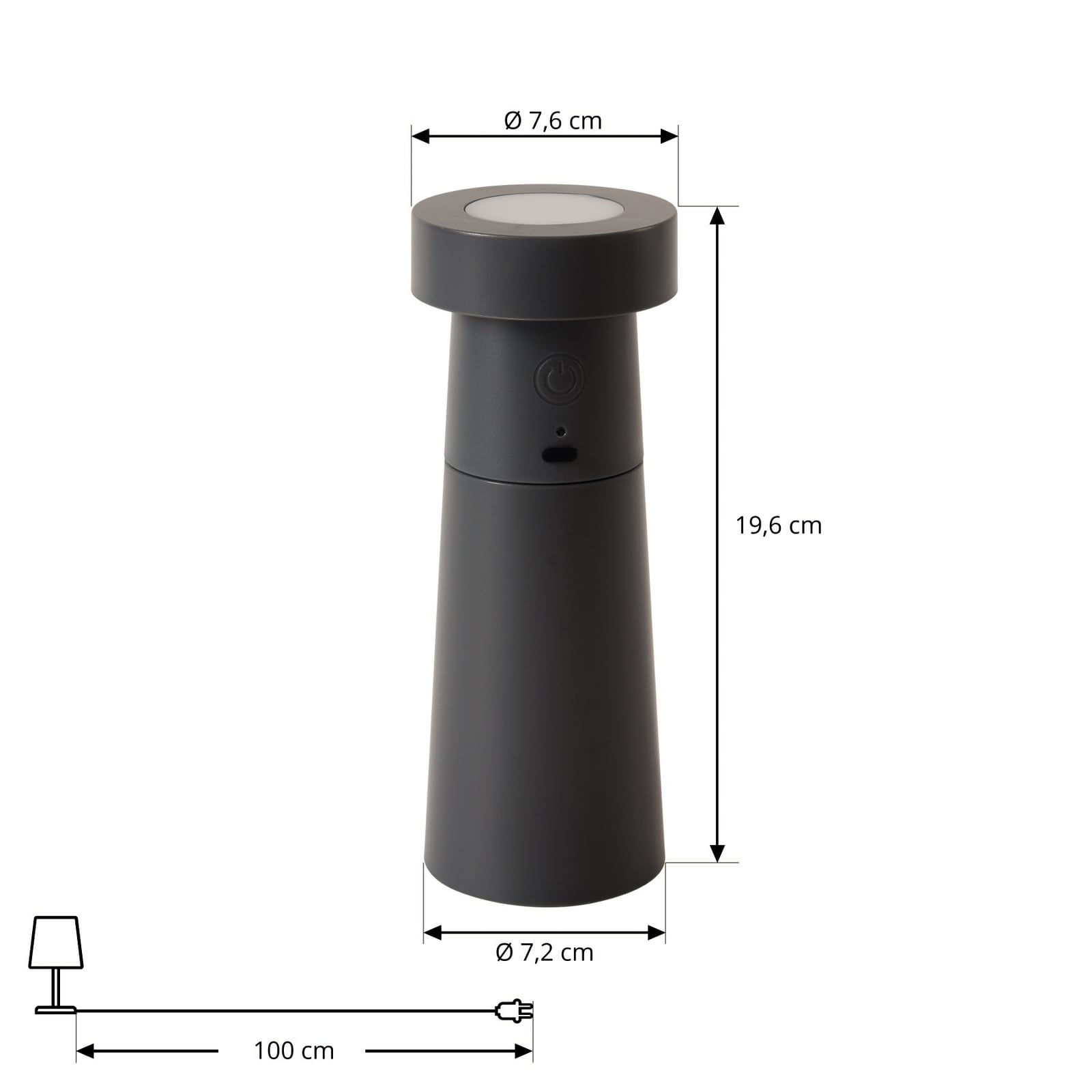 LED bordlampe Pepper pepperkvern mørkegrå oppladbar IP44 detalj av bryter