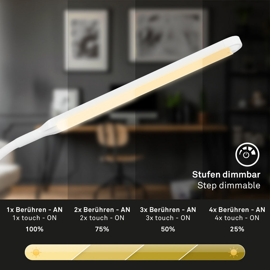 LED bordlampe Pivaz med berøringsdimmer hvit nærbilde av lampehode