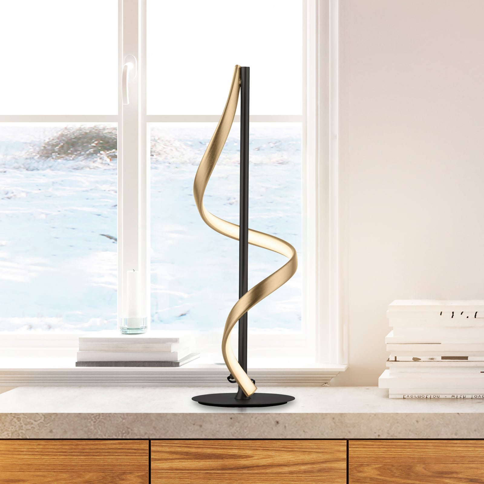 LED bordlampe Q-Swing dimbar antrasitt/messing forfra