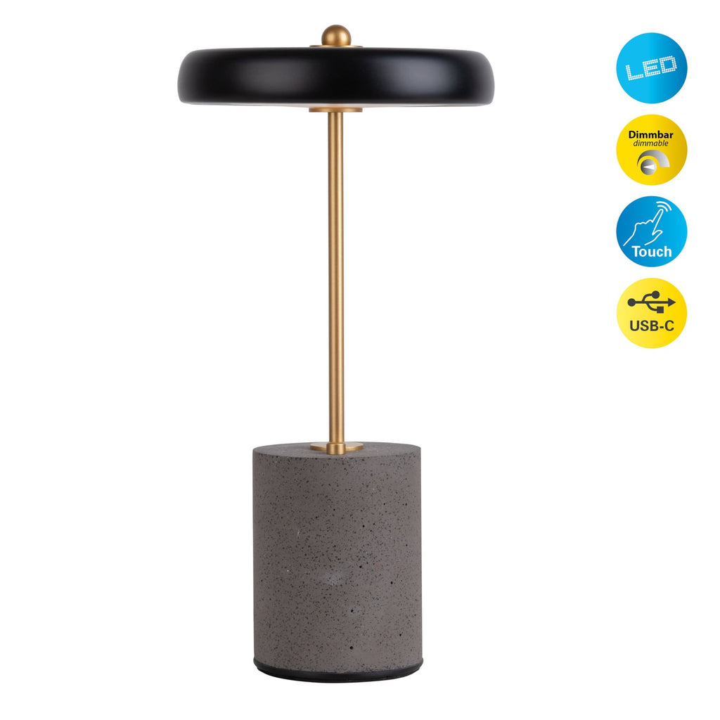LED bordlampe Seta oppladbar betong svart Ø15 cm dimbar med USB-lading