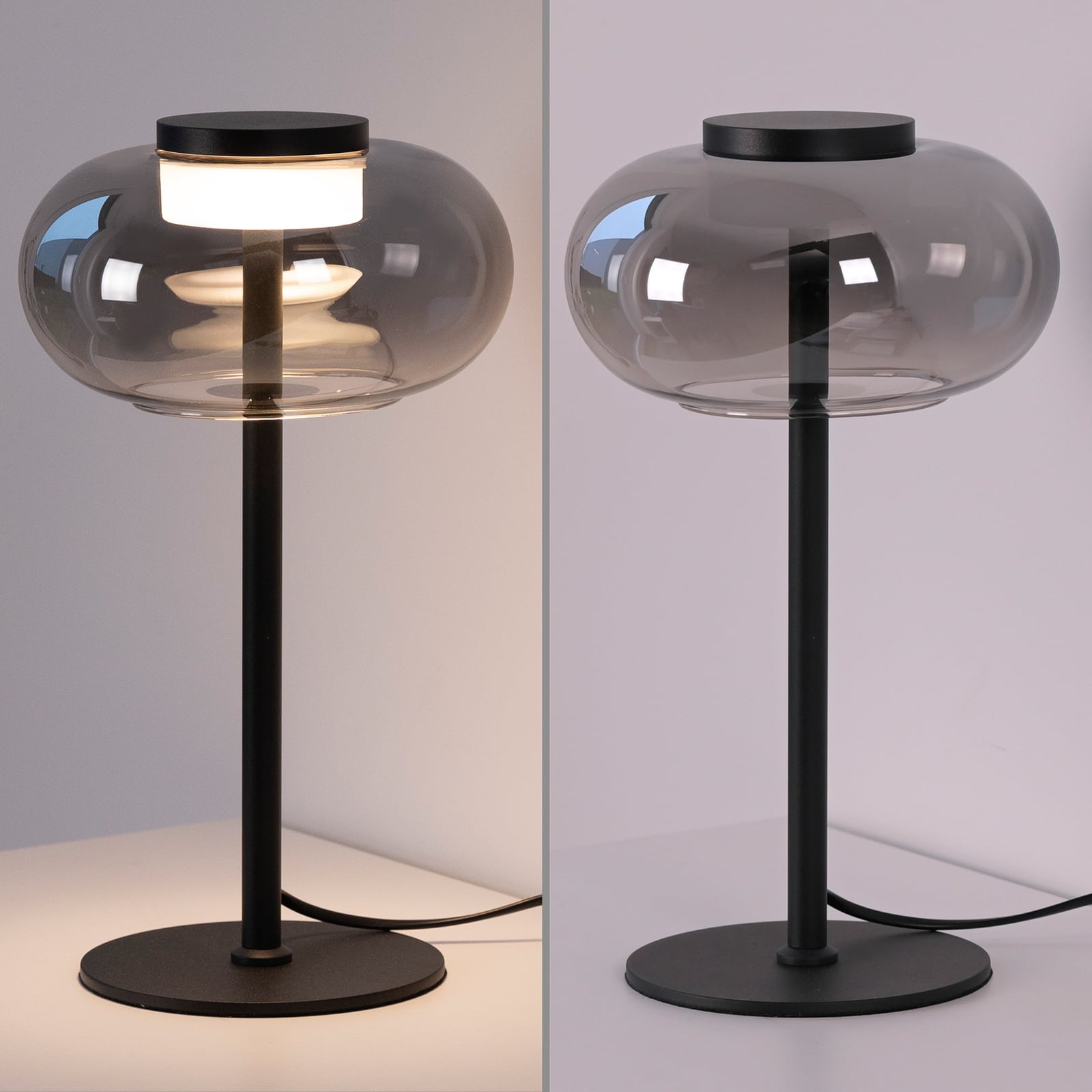 Nærbilde av LED bordlampe Sia røykglass svart bryter