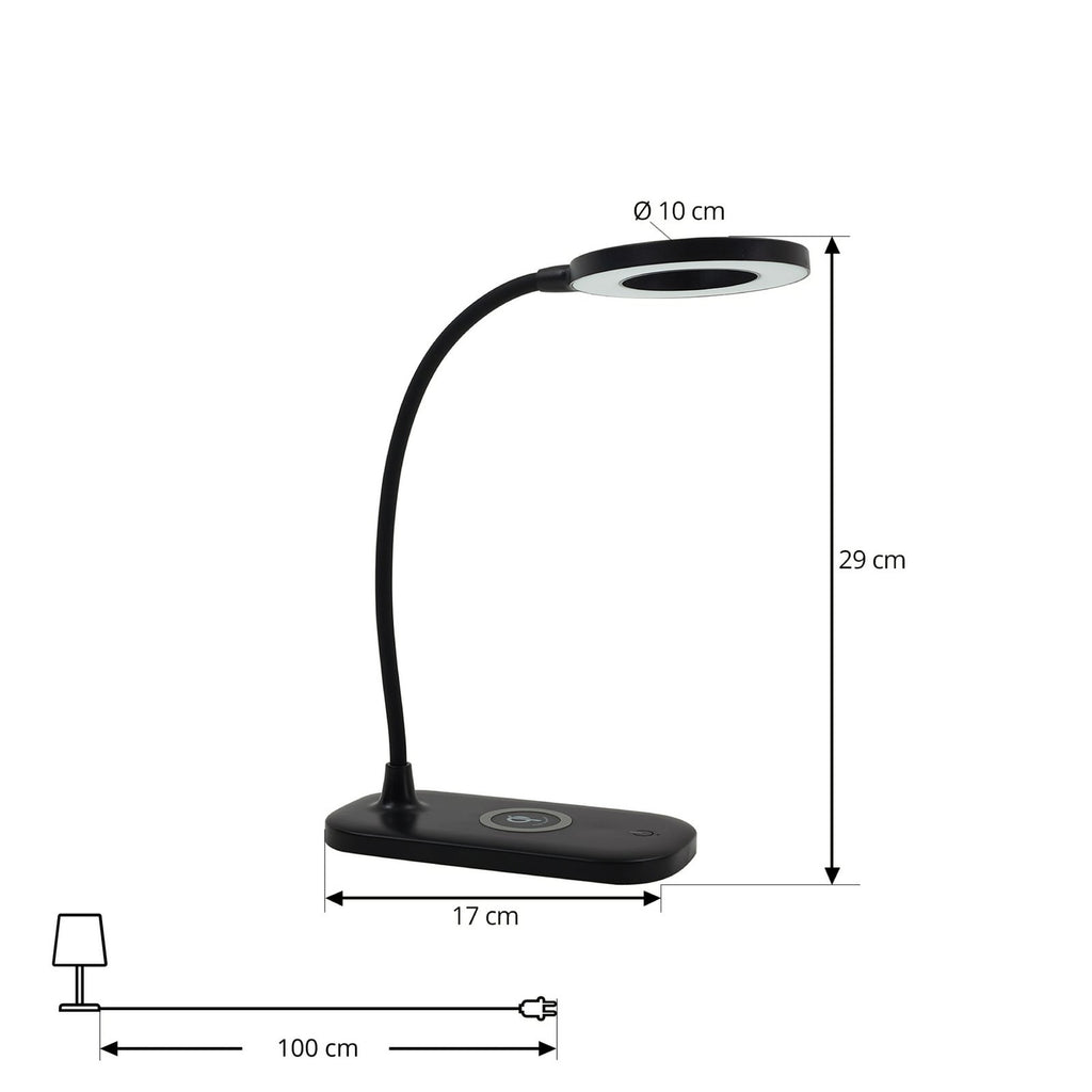Nærbilde av LED bordlampe Siona svart CCT dimbar med ladestasjon bryter