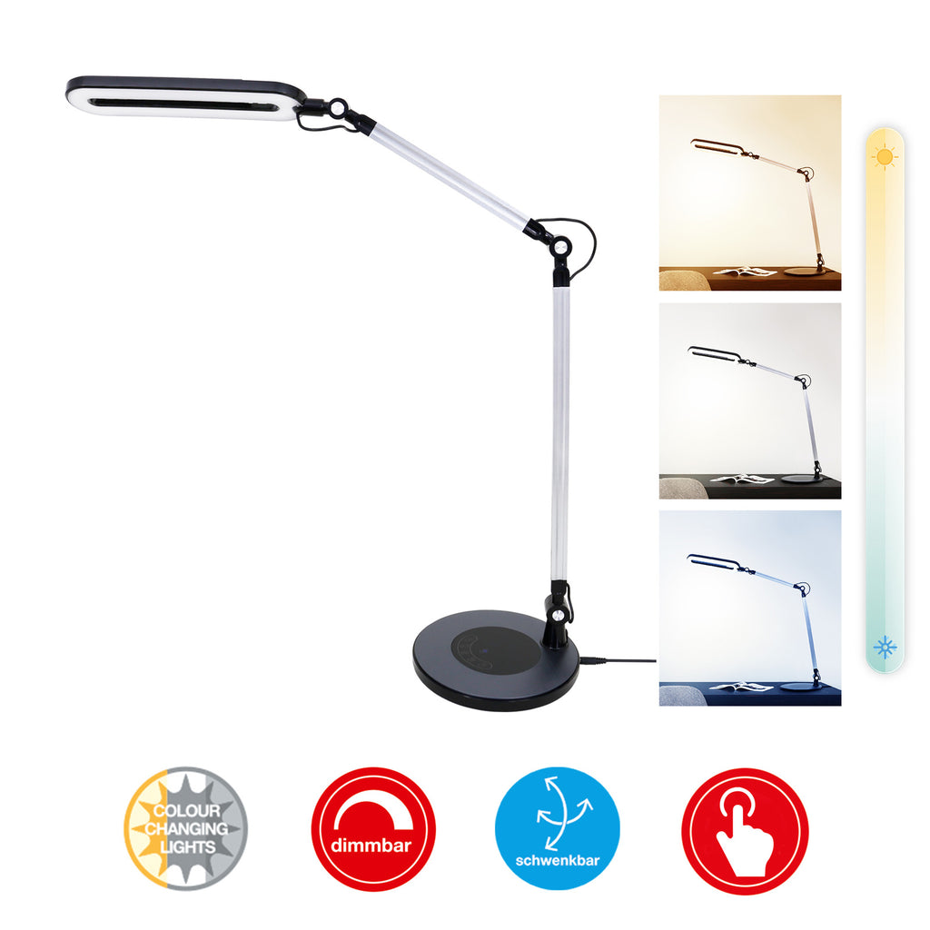 LED bordlampe Swan CCT dimbar svart plast montert på skrivebord