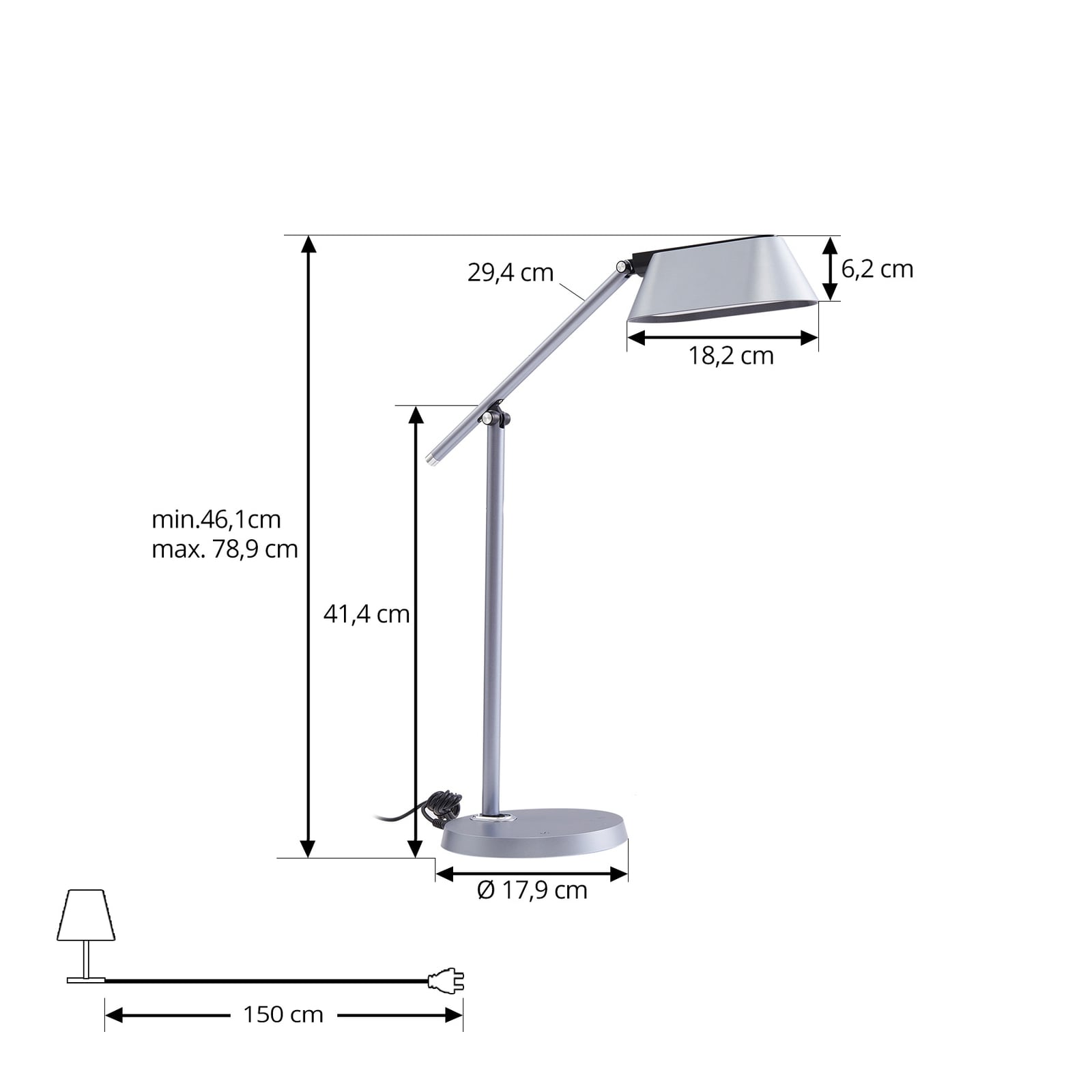 LED bordlampe Thies dimbar grå aluminium nærbilde av lampehode