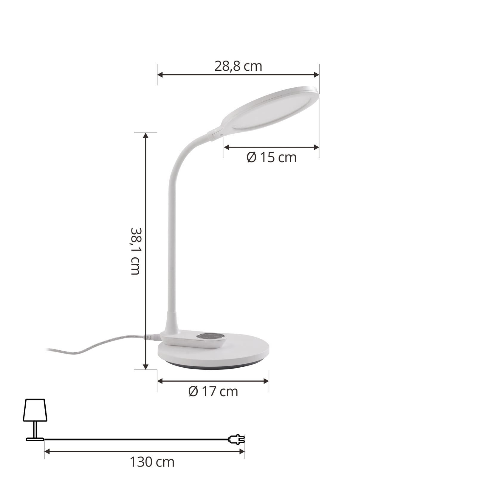 Nærbilde av touchbryter på LED bordlampe Valtaria dimbar hvit CCT 7,2W
