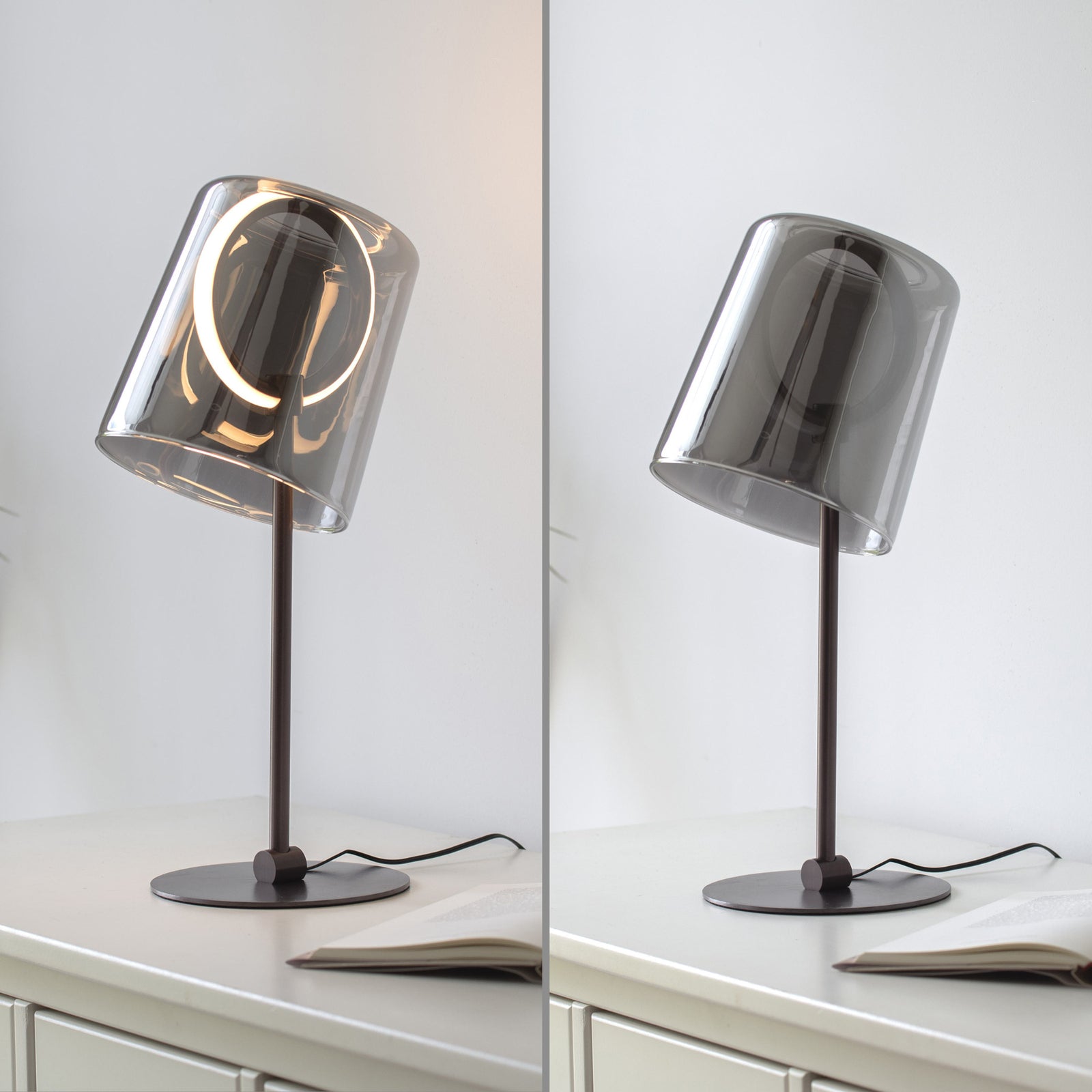 Oversikt av LED bordlampe Zula røykgrå glass dimbar 42 cm