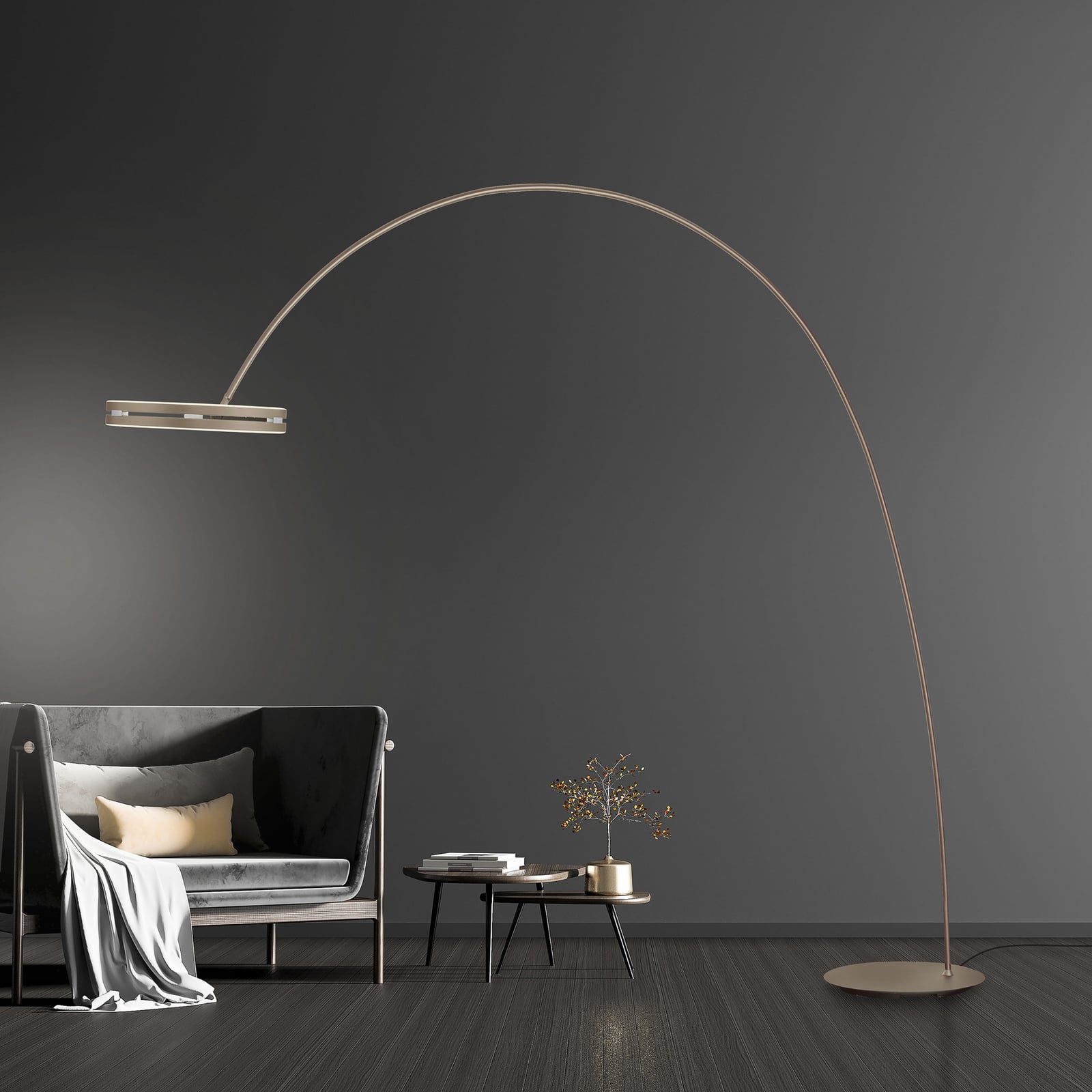LED buegulvlampe Loop-Bow dimbar bronsefarget 290 cm forfra