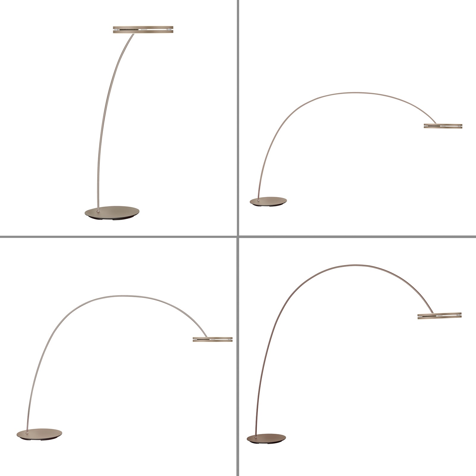 LED buegulvlampe Loop-Bow dimbar bronsefarget 290 cm montert i stue