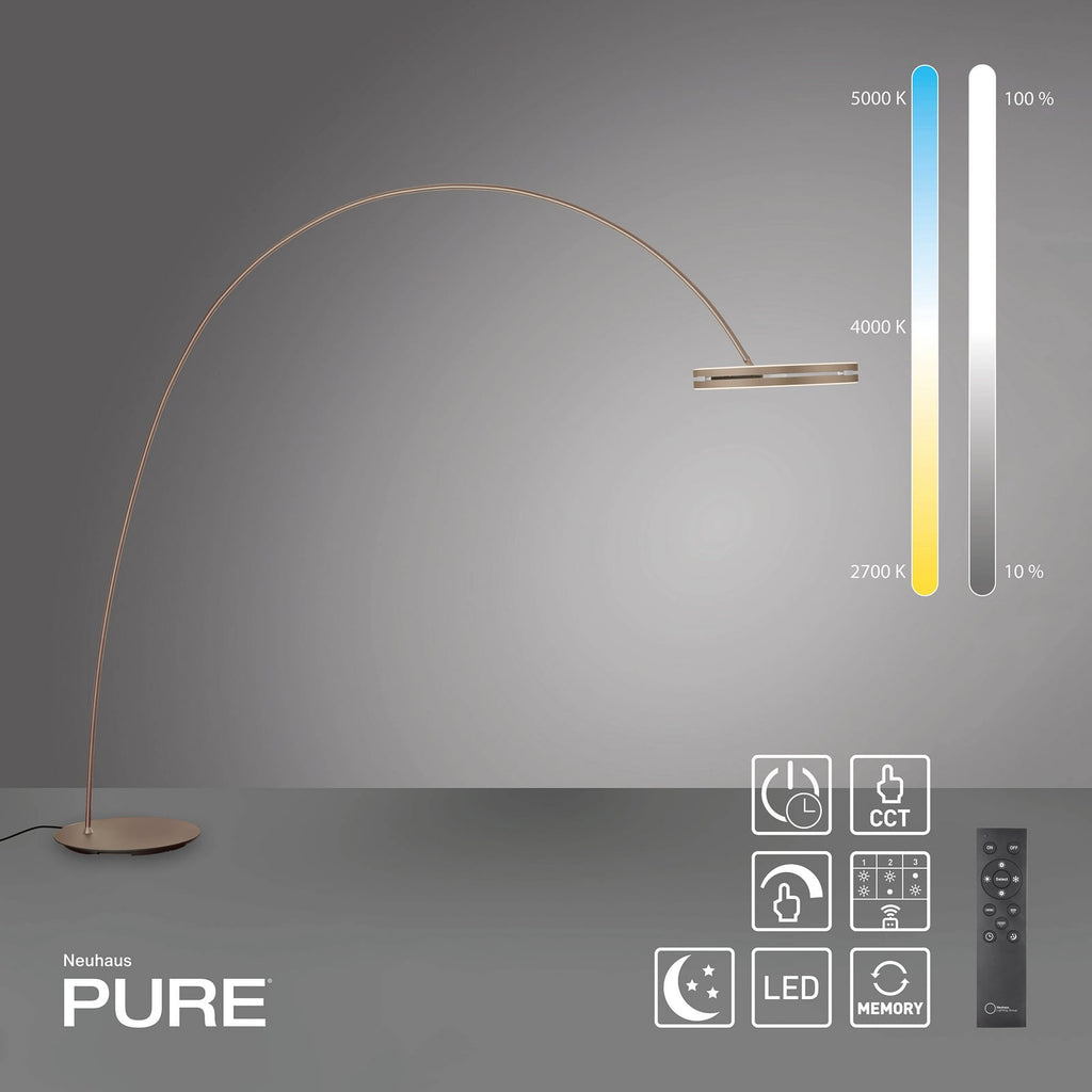 Nærbilde av touchdimmer på LED buegulvlampe Loop-Bow dimbar bronsefarget 290 cm