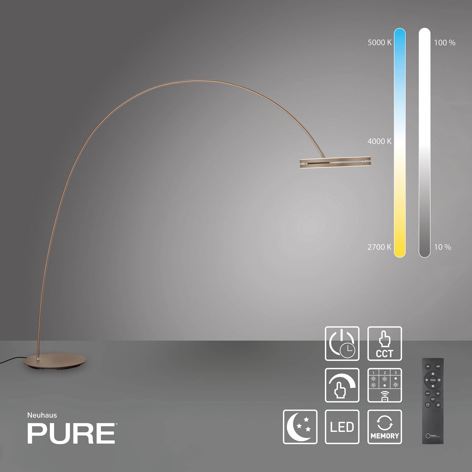 Nærbilde av touchdimmer på LED buegulvlampe Loop-Bow dimbar bronsefarget 290 cm