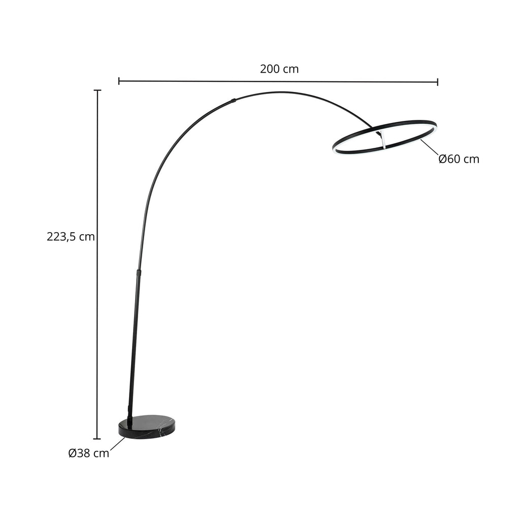 LED buegulvlampe Virvera rund svart aluminium Ø60 cm montert i stue