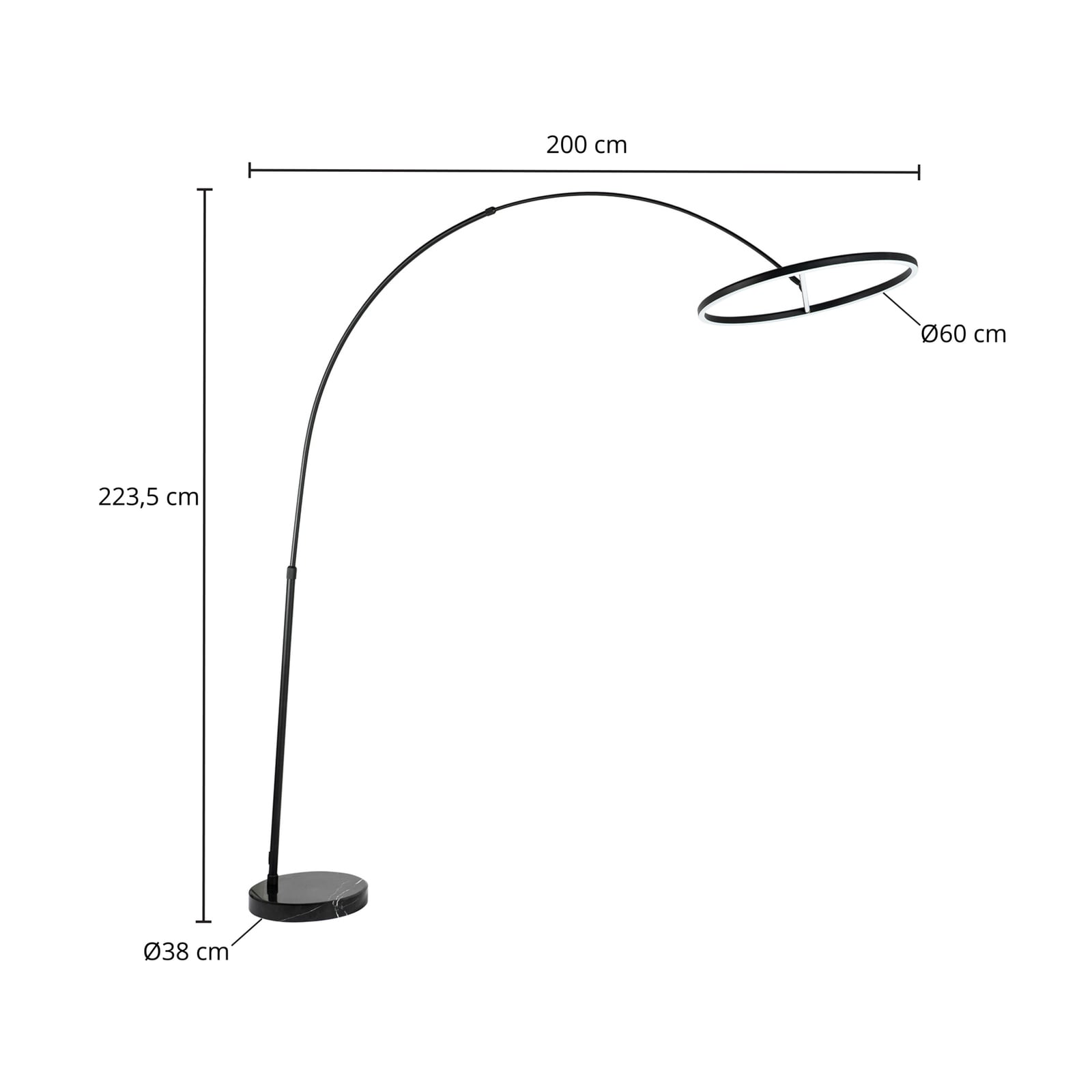 LED buegulvlampe Virvera rund svart aluminium Ø60 cm montert i stue
