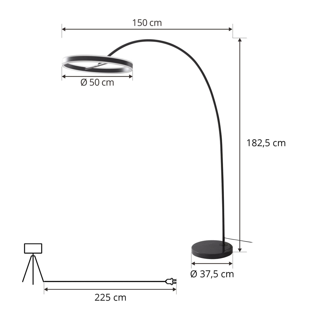 LED buegulvlampe Yekta svart Ø50 cm montert ved sofa
