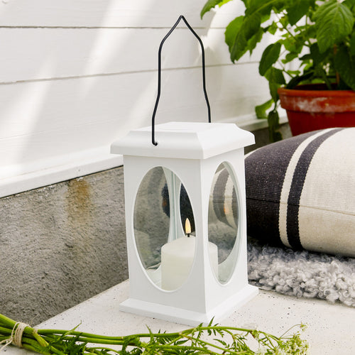 LED dekolykt Flamme lanternform hvit 23 cm batteridrevet forfra