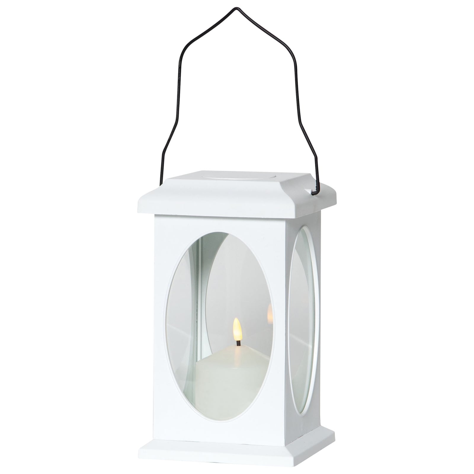Nærbilde av LED dekolykt Flamme lanternform hvit 23 cm batteridrevet