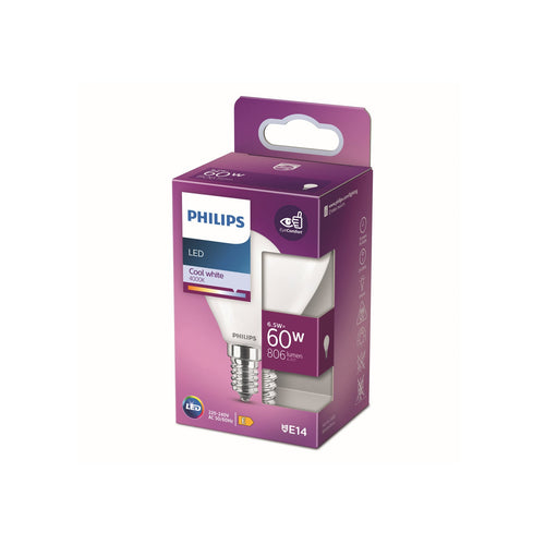 LED dråpepære E14 P45 6,5W 4000K 806lm matt Philips bakside