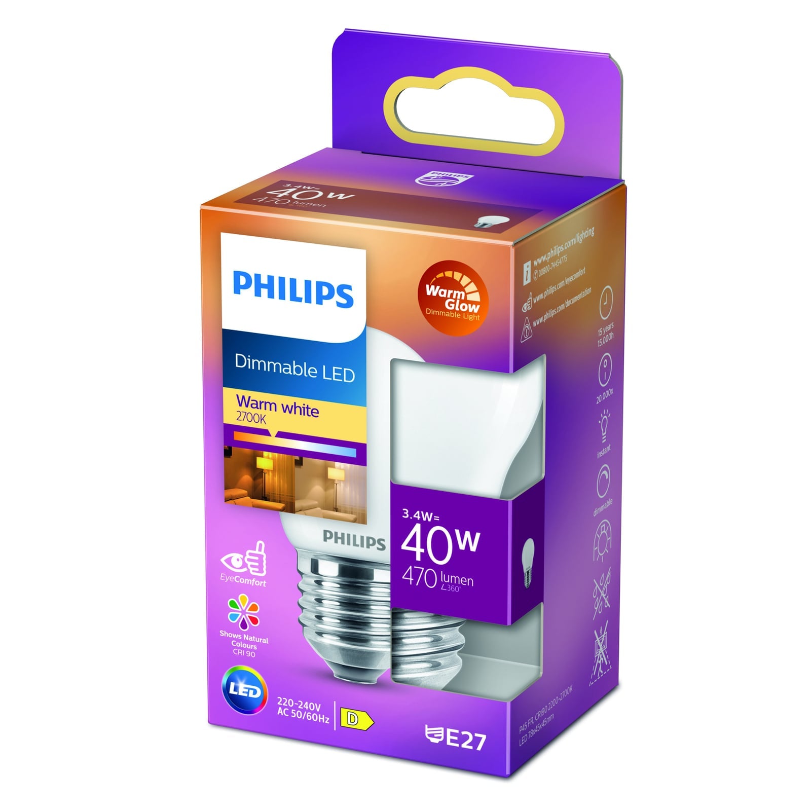 LED dråpepære E27 3,4W WarmGlow dimbar matt Ra90 Philips nærbilde