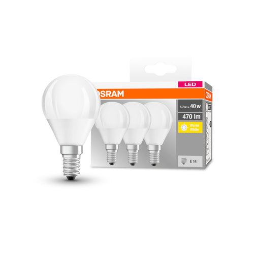 LED dråpeformet pære E14 4,9W 2700K 470lm 3-pack - OSRAM forfra