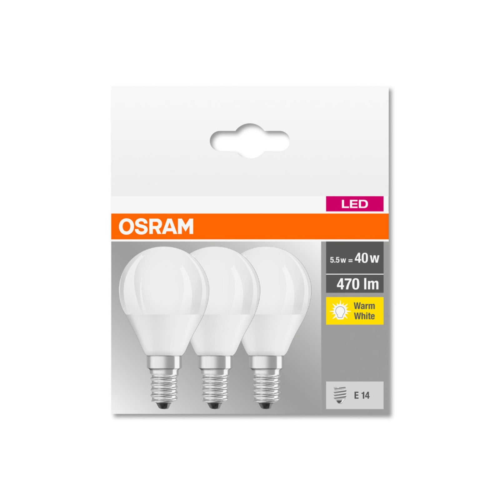 Montert LED dråpeformet pære E14 4,9W 2700K 470lm 3-pack - OSRAM