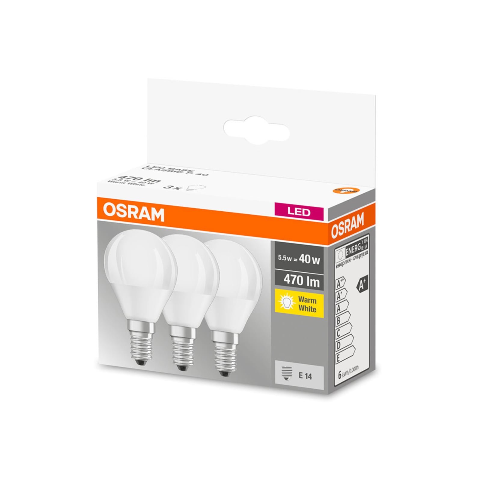 Nærbilde LED dråpeformet pære E14 4,9W 2700K 470lm 3-pack - OSRAM