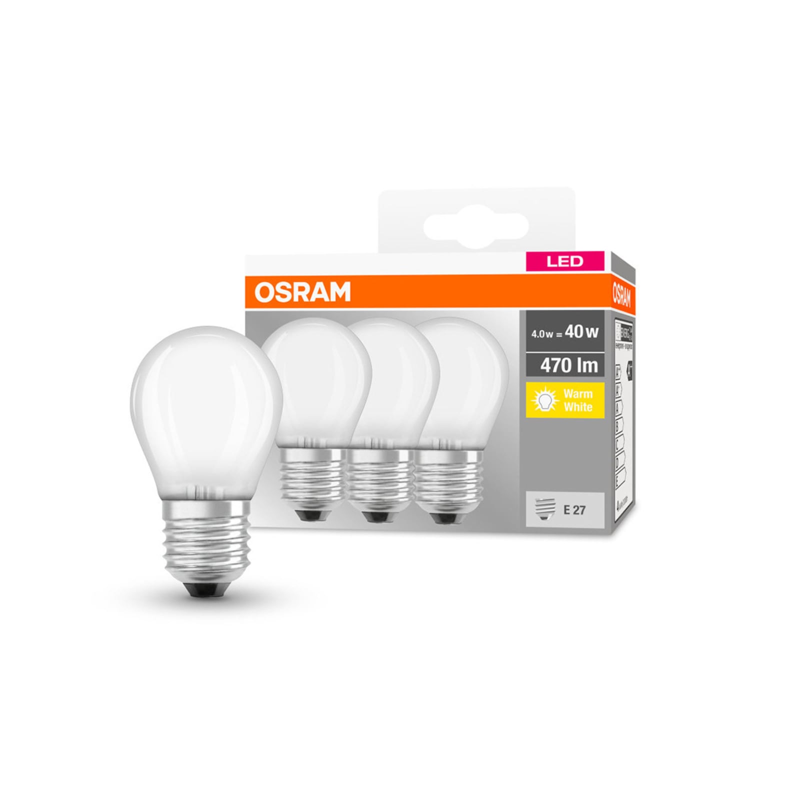 LED dråpepære E27 4,2W 2700K matt 470lm 3-pack OSRAM forfra