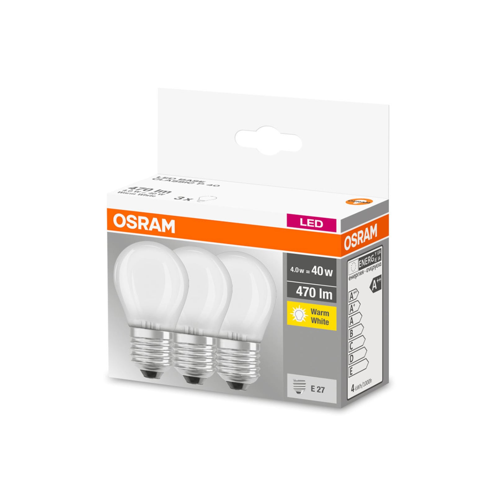 LED dråpepære E27 4,2W 2700K matt 470lm 3-pack OSRAM montert