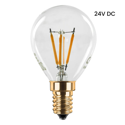 Detaljbilde av LED dråpeformet pære 24V E14 3W filament 2200K dimbar