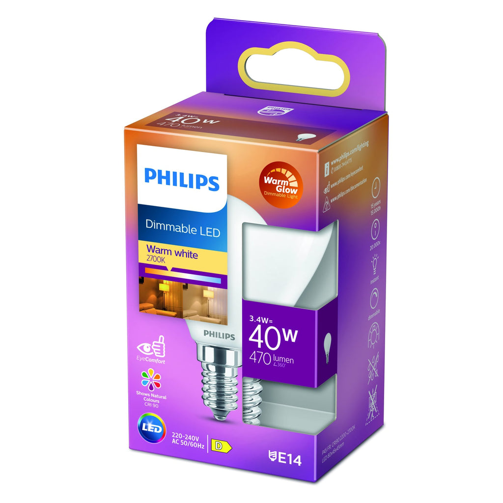 Nærbilde av LED dråpeformet pære E14 3,4W WarmGlow matt dimbar Ra90 Philips