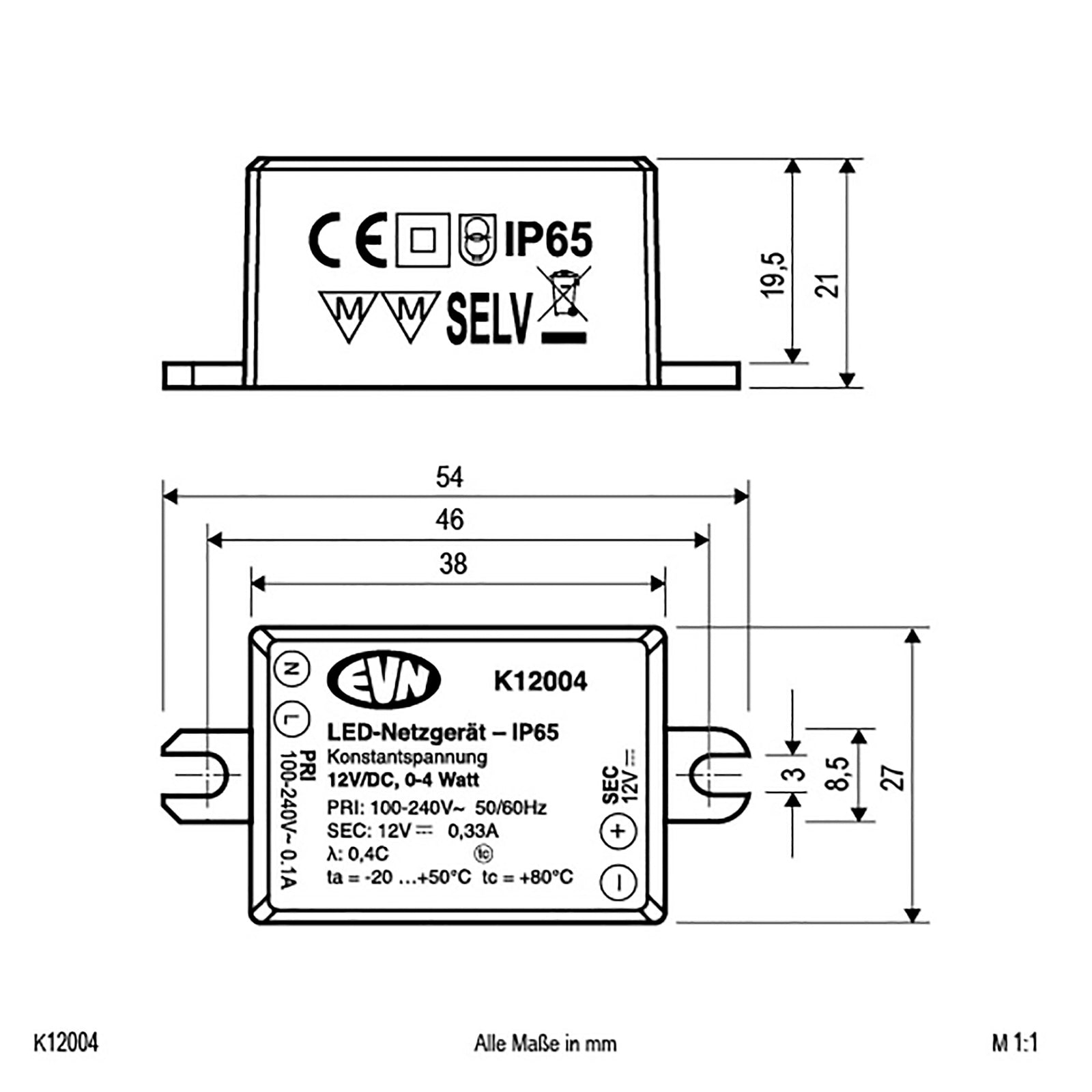 LED-driver 12V DC 0,1-4W IP65 ikke dimbar - EVN montert