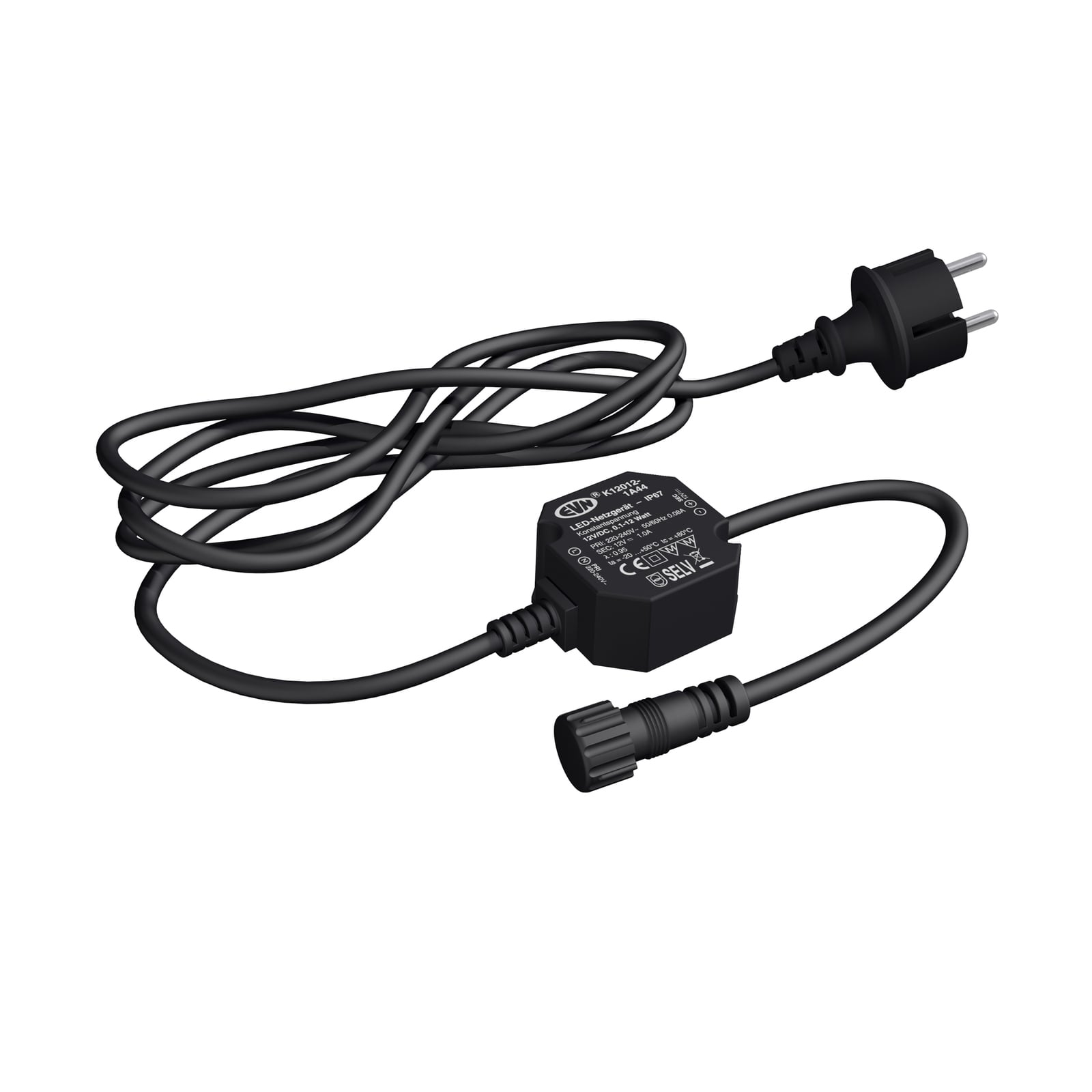 LED-driver 12V/DC 0,1-12W IP44 med stikkontakt svart - EVN forfra