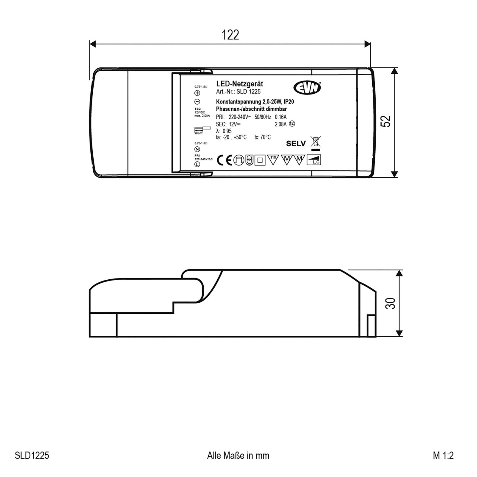 LED-driver 12V/DC 2,5-25W dimbar IP20 - EVN montert