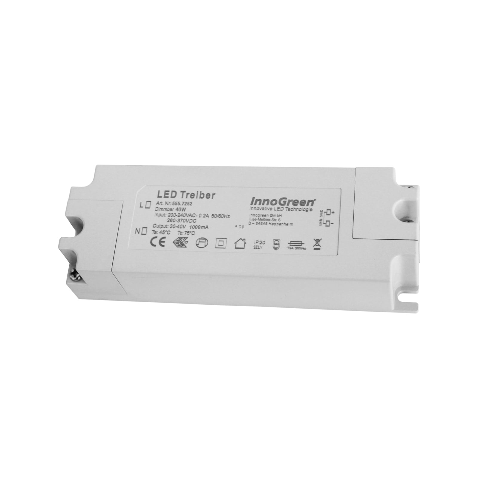 LED-driver dimbar 40W 125mA 220-240V IP20 - InnoGreen forfra