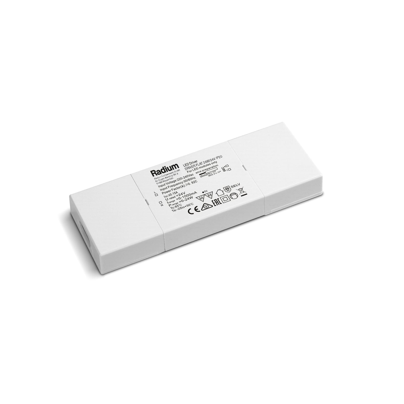 LED-driver Flat for LED-stripe 24W 24V hvit Radium foran