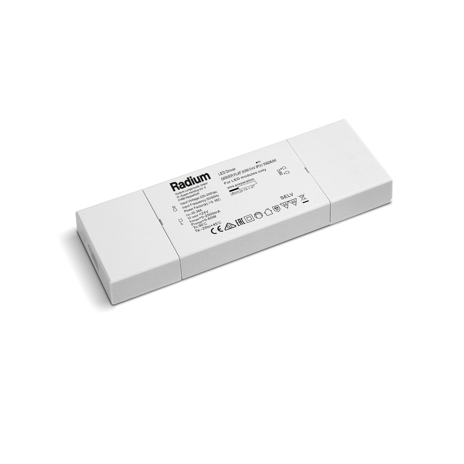LED-driver flat for LED-stripe 60W 24V hvit IP20 Radium forfra