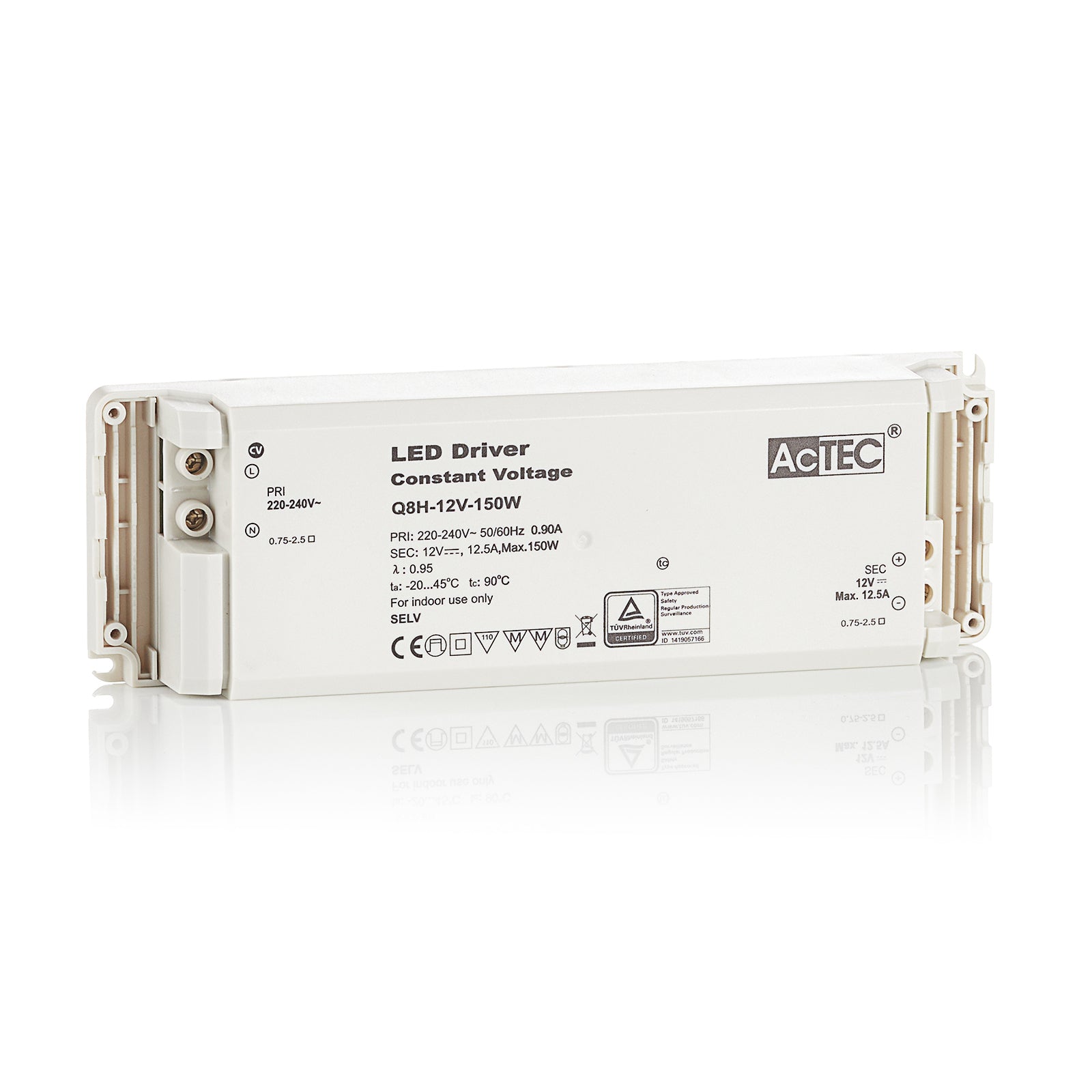 LED-driver konstantspenning 12V 150W IP20 hvit - AcTEC bakside