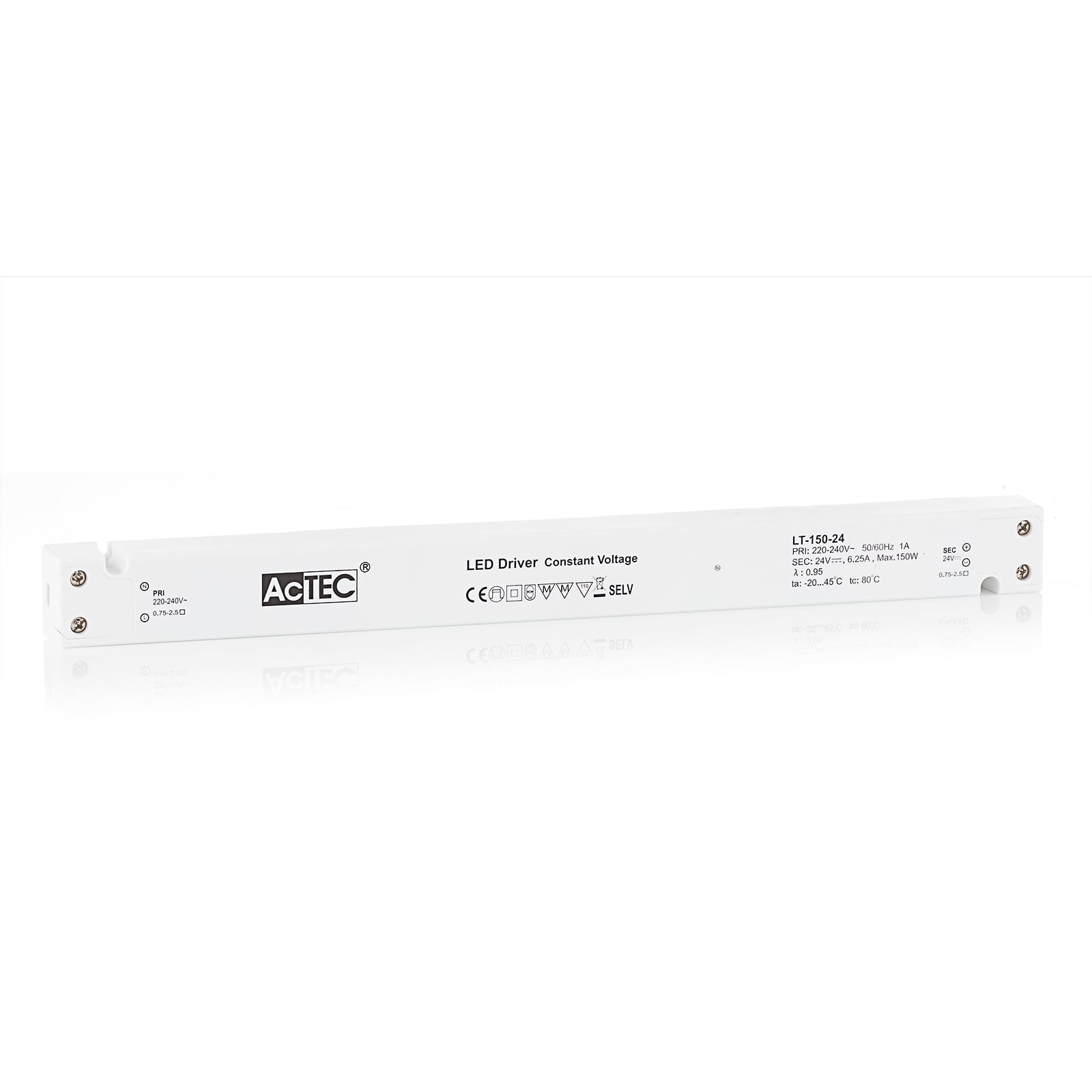 LED-driver konstantspenning 24V 150W IP20 hvit - AcTEC forfra