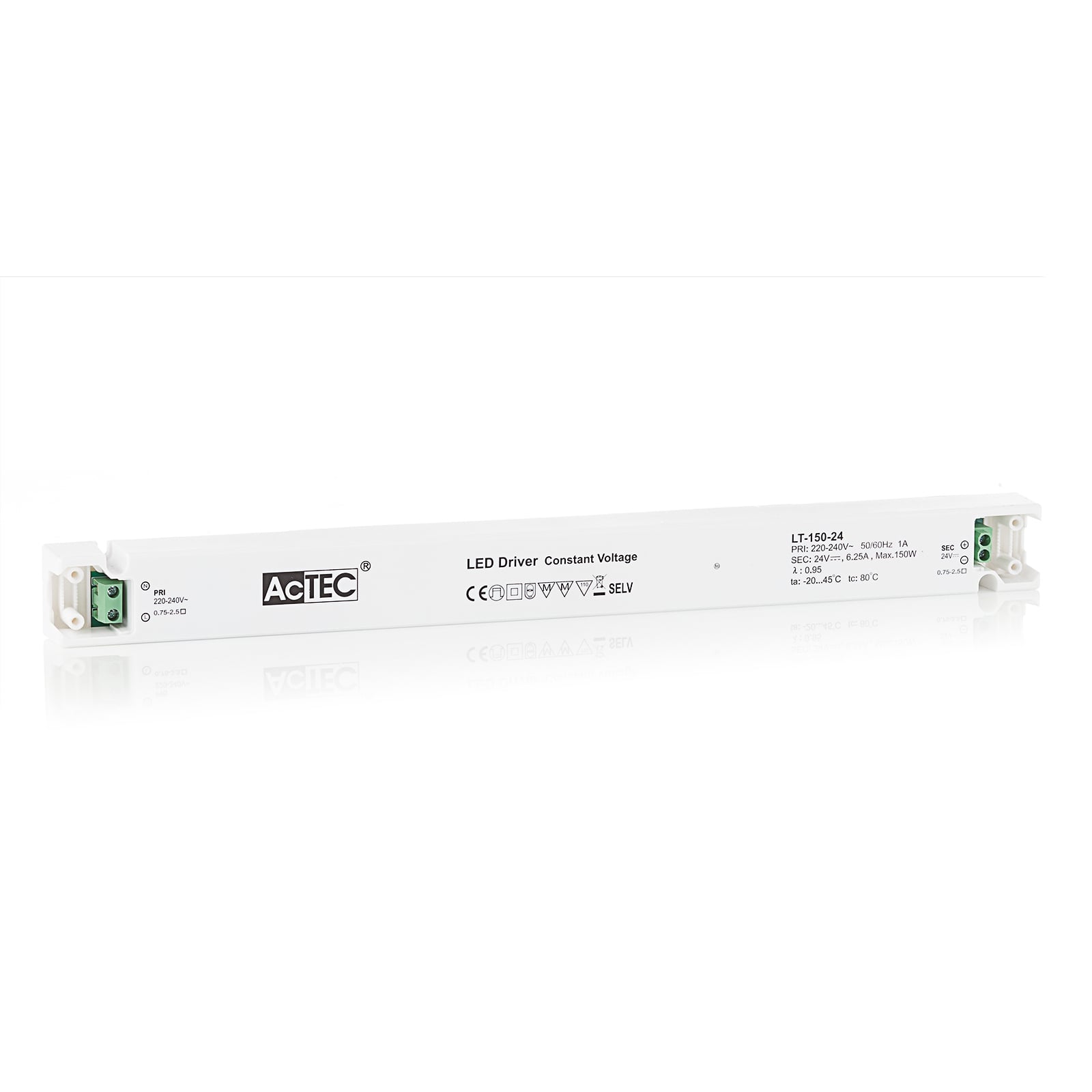 LED-driver konstantspenning 24V 150W IP20 hvit - AcTEC bakside