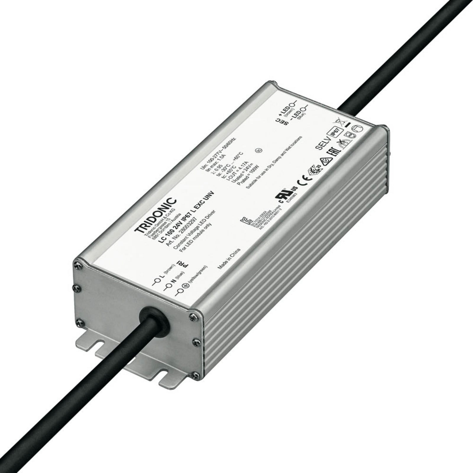 LED-driver LC 100W 24V IP67 aluminium grå TRIDONIC for våte miljøer