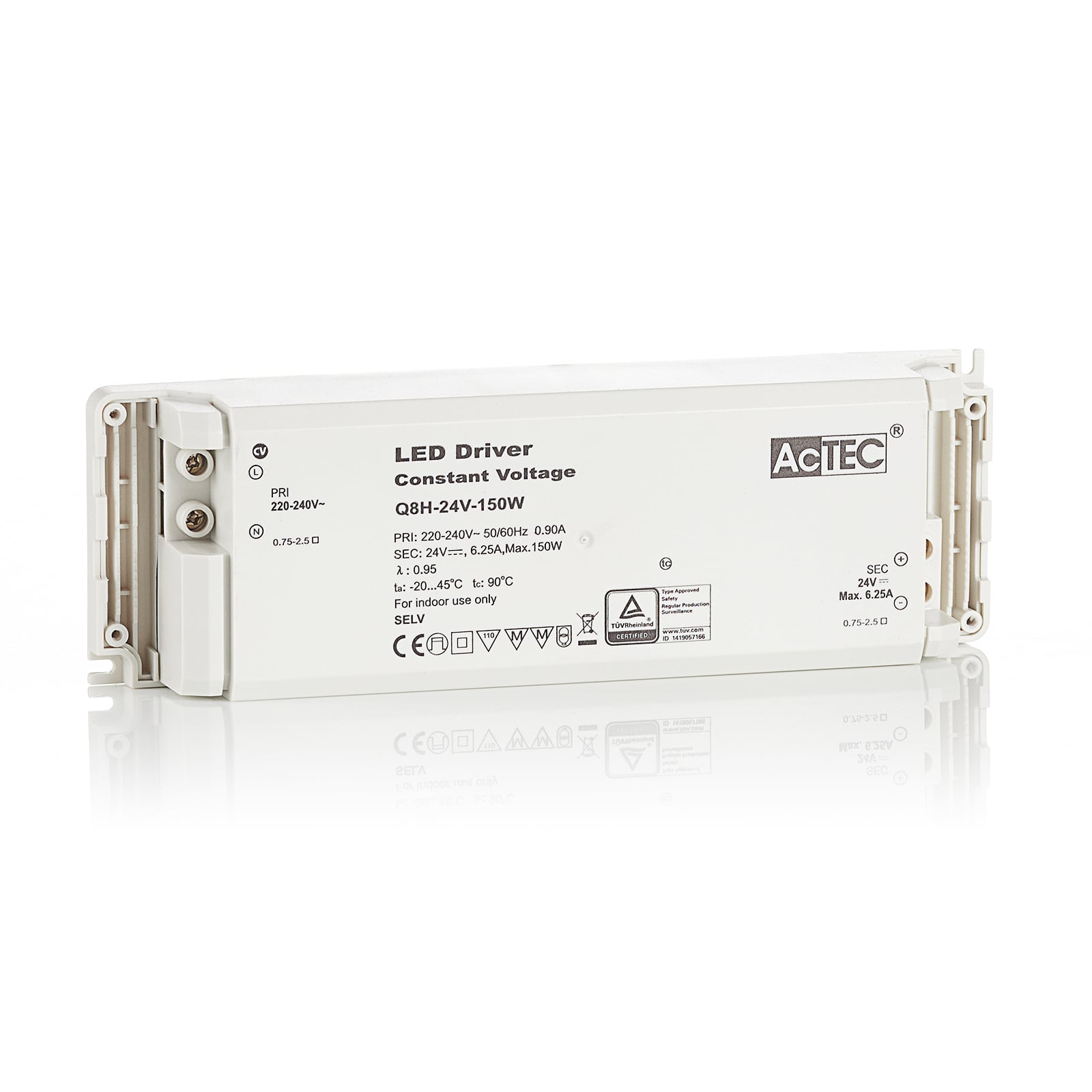 LED-driver Q8H konstantspenning 24V 150W hvit bakside