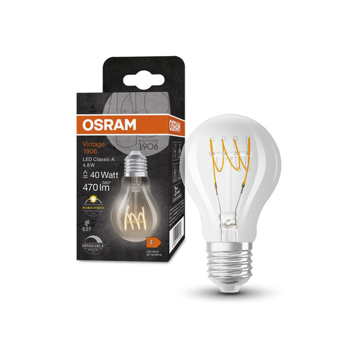 LED filamentpære dråpeform E27 4,8W 2700K dimbar klar OSRAM detalj