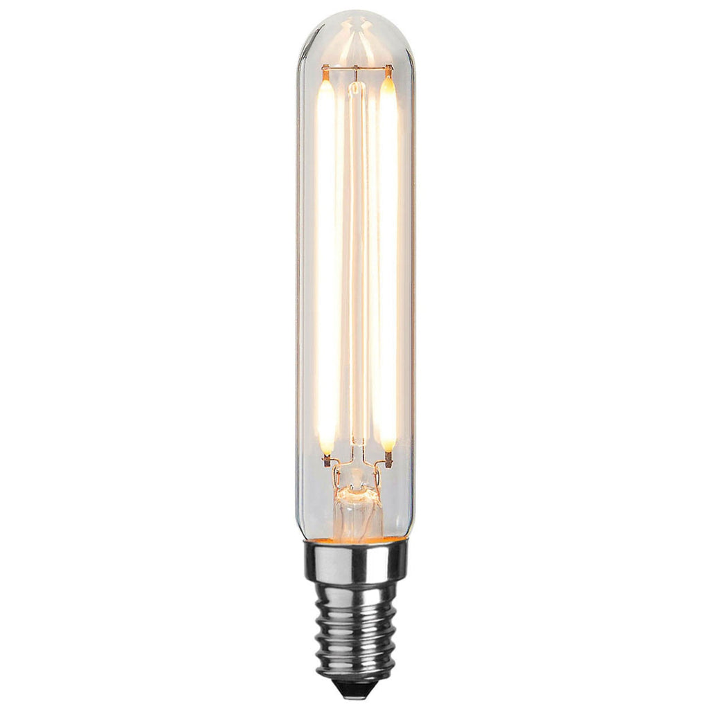 LED filamentpære E14 2W 2700K Ra90 dimbar rørform klar forfra