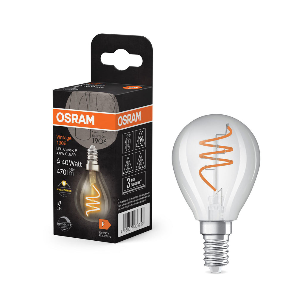 Nærbilde av LED filamentpære E14 4,6W 2700K dråpeform dimbar klar OSRAM