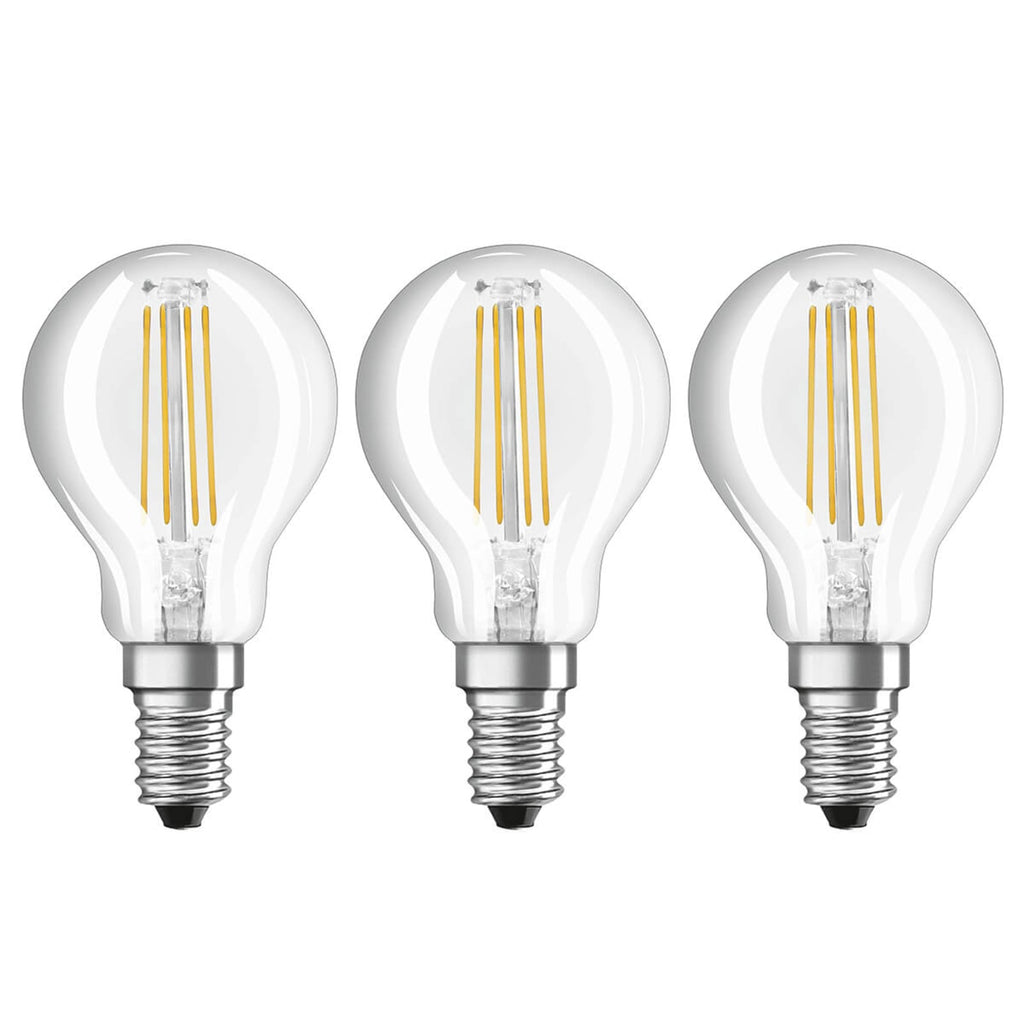 LED filamentpære E14 4W 2700K dråpeform klar OSRAM forfra