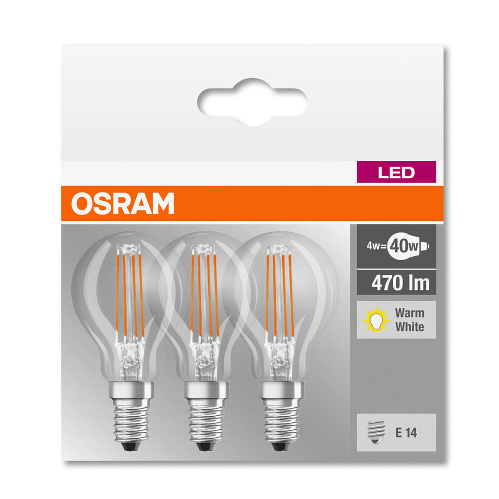 LED filamentpære E14 4W 2700K dråpeform klar OSRAM nærbilde filament