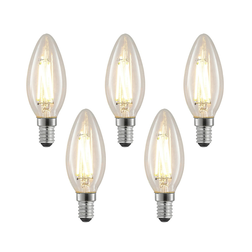 LED filamentpære E14 4W 2700K kronelysform dimbar 5-pk forfra