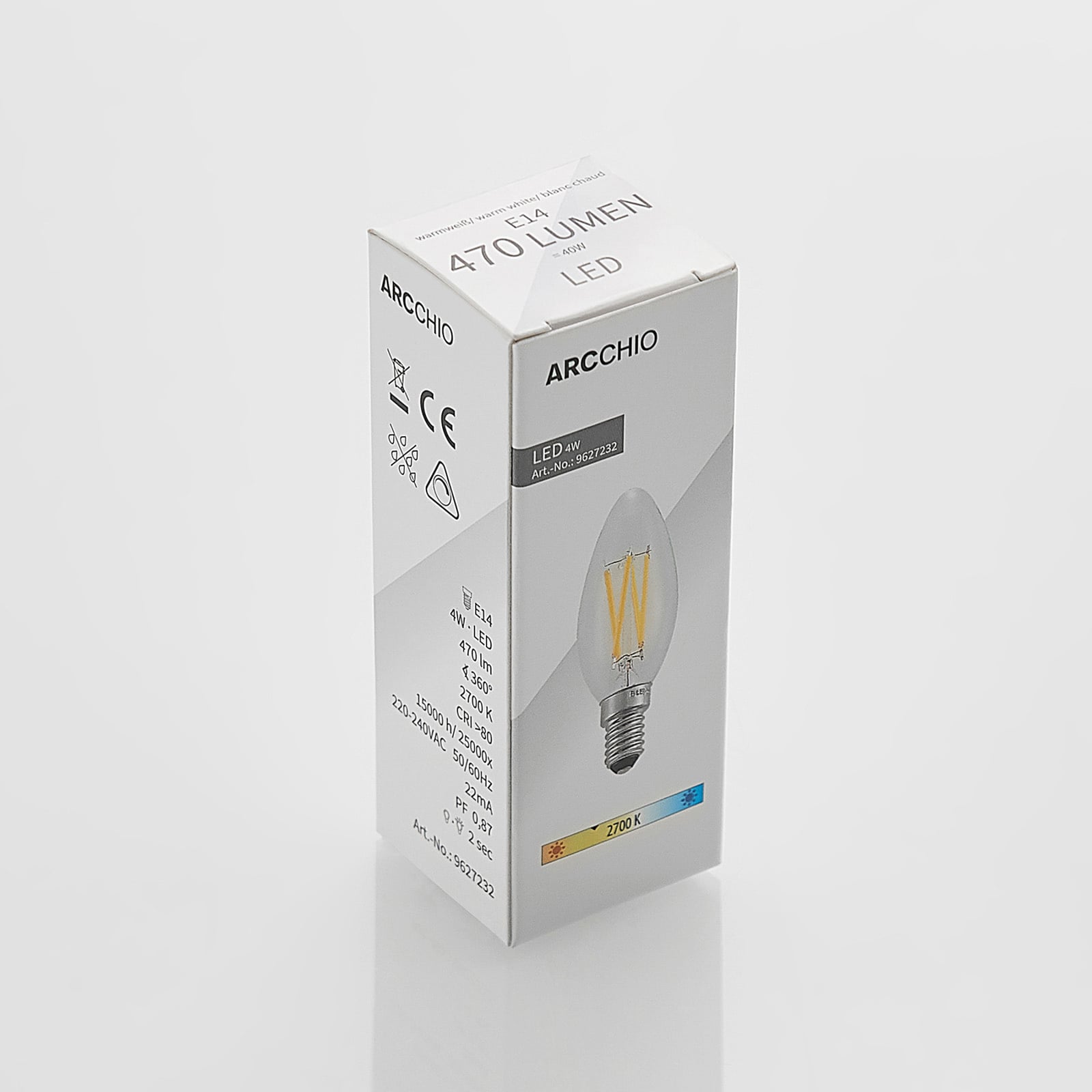 LED filamentpære E14 4W 2700K kronelysform dimbar 5-pk emballasje
