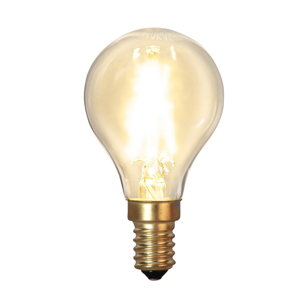 LED filamentpære E14 dråpeform 1,5W 2100K klar forfra