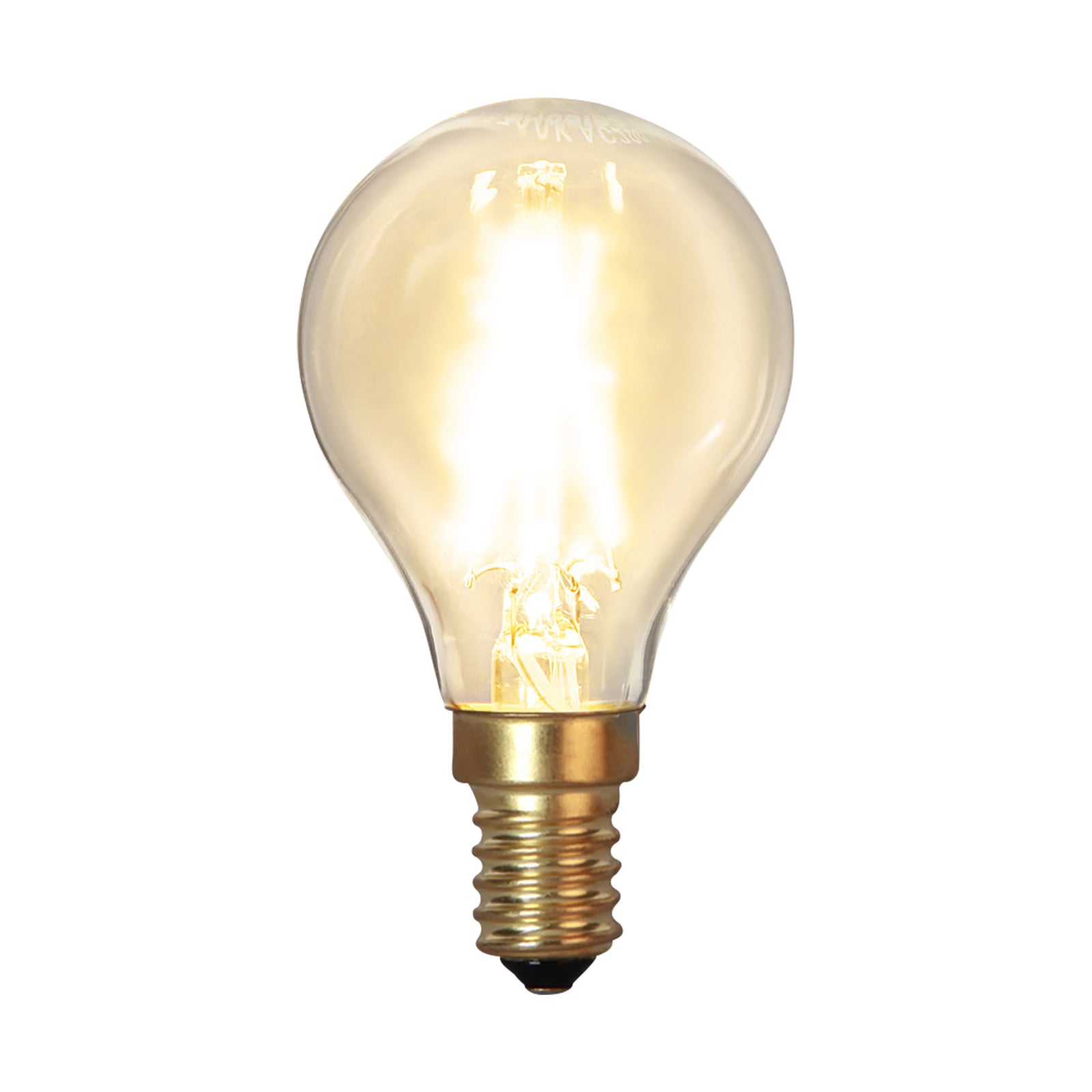 LED filamentpære E14 dråpeform 1,5W 2100K klar forfra