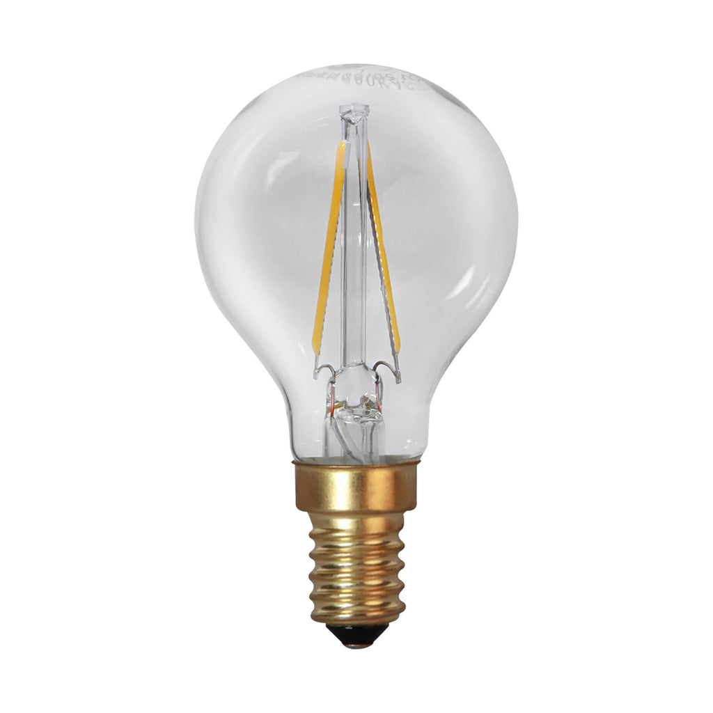 LED filamentpære E14 dråpeform 1,5W 2100K klar nærbilde